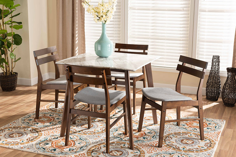 Derya Mid-Century Modern Light Gray Fabric/Walnut Brown Finished Wood 5-Piece Dining Set w/Faux Marble Dining Table