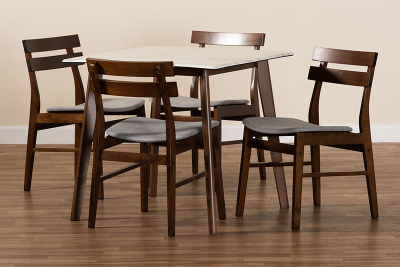 Derya Mid-Century Modern Light Gray Fabric/Walnut Brown Finished Wood 5-Piece Dining Set w/Faux Marble Dining Table