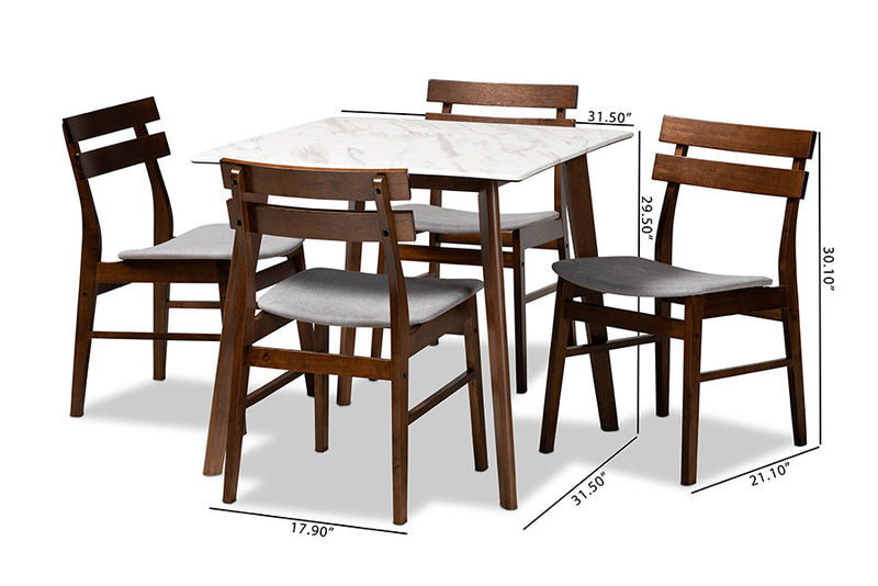 Derya Light Gray Fabric/Walnut Brown 5-Piece Dining Set w/Faux Marble Baxton