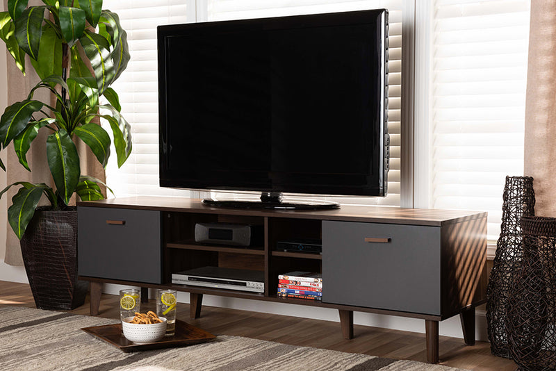 Danina Mid-Century Modern Two-Tone Walnut Brown and Gray Finished Wood TV Stand