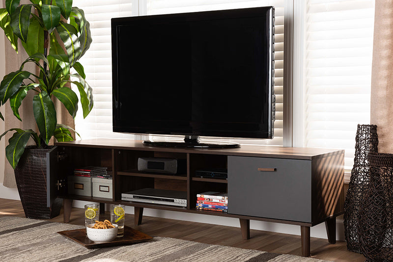 Danina Mid-Century Modern Two-Tone Walnut Brown and Gray Finished Wood TV Stand