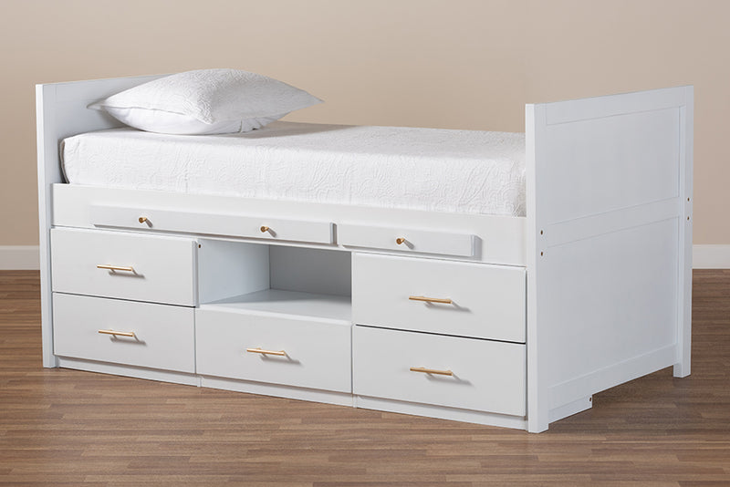 Dorian Modern and Contemporary White Finished Wood 5-Drawer Twin Size Storage Bed w/Pull-Out Desk