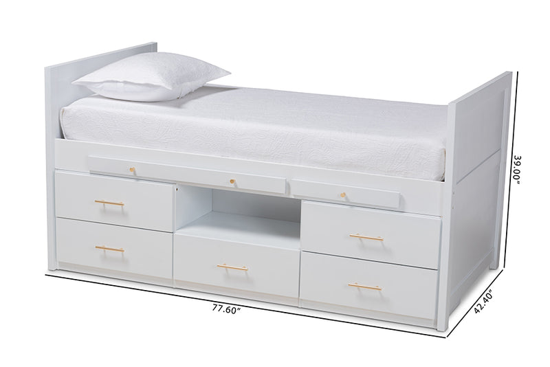 Dorian Modern and Contemporary White Finished Wood 5-Drawer Twin Size Storage Bed w/Pull-Out Desk