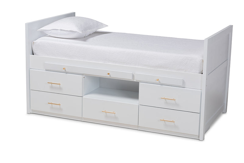 Dorian Modern and Contemporary White Finished Wood 5-Drawer Twin Size Storage Bed w/Pull-Out Desk