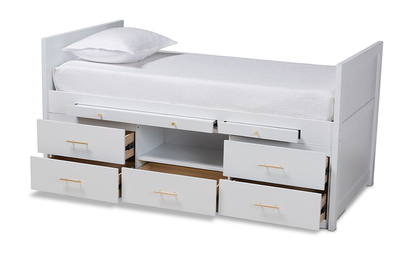 Dorian Modern and Contemporary White Finished Wood 5-Drawer Twin Size Storage Bed w/Pull-Out Desk