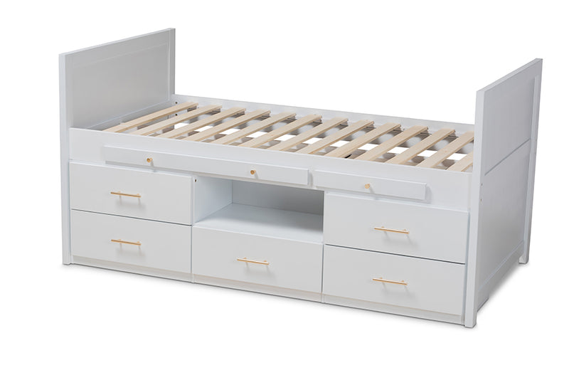 Dorian Modern and Contemporary White Finished Wood 5-Drawer Twin Size Storage Bed w/Pull-Out Desk