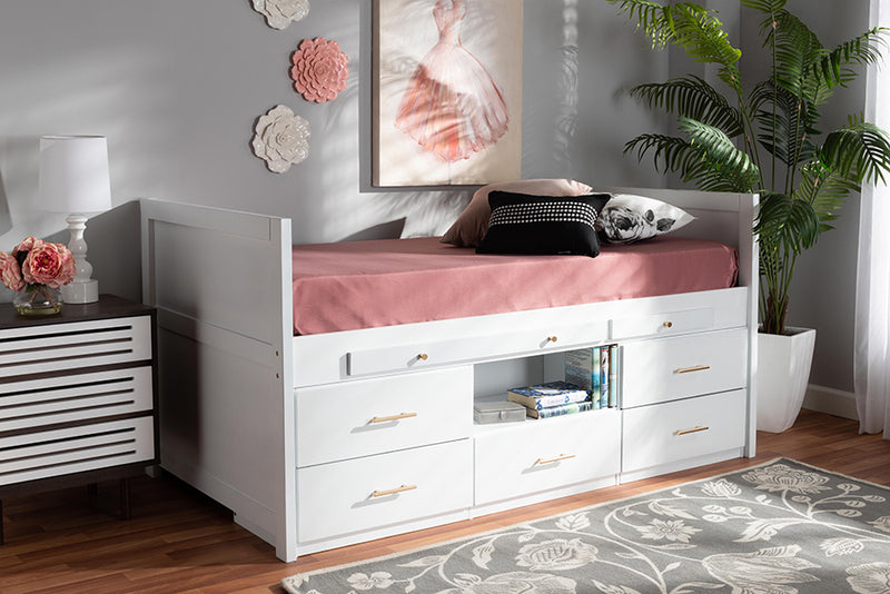 Dorian Modern and Contemporary White Finished Wood 5-Drawer Twin Size Storage Bed w/Pull-Out Desk