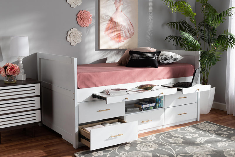 Dorian Modern and Contemporary White Finished Wood 5-Drawer Twin Size Storage Bed w/Pull-Out Desk