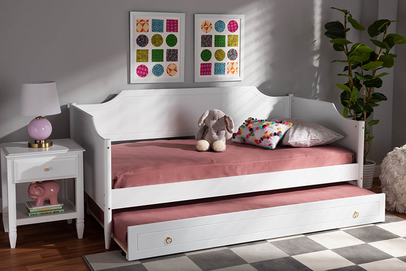 Ansa Classic Traditional Farmhouse White Finished Wood Twin Size Daybed w/Roll-Out Trundle Bed