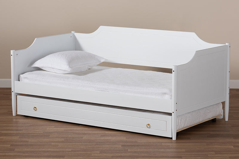 Ansa Classic Traditional Farmhouse White Finished Wood Twin Size Daybed w/Roll-Out Trundle Bed