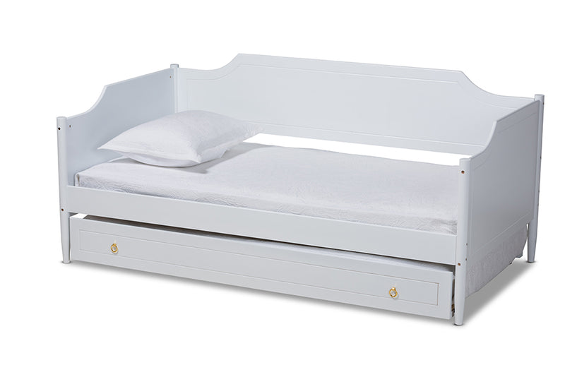 Ansa Classic Traditional Farmhouse White Finished Wood Twin Size Daybed w/Roll-Out Trundle Bed