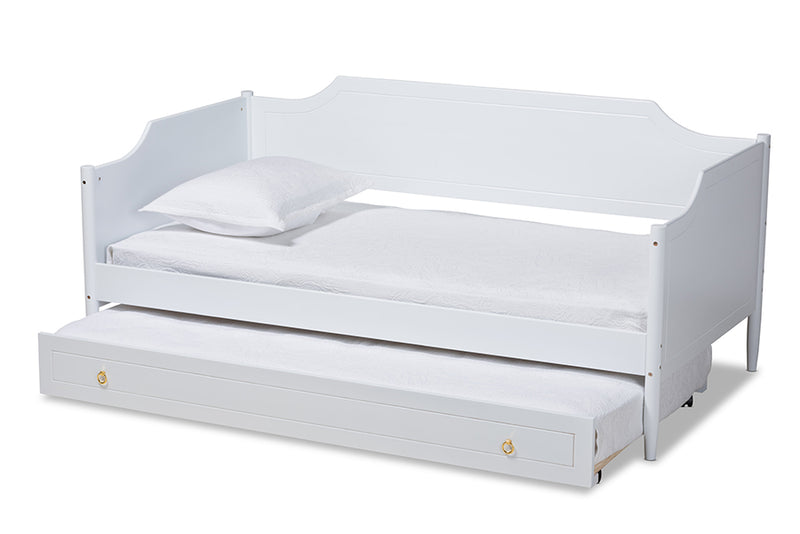 Ansa Classic Traditional Farmhouse White Finished Wood Twin Size Daybed w/Roll-Out Trundle Bed