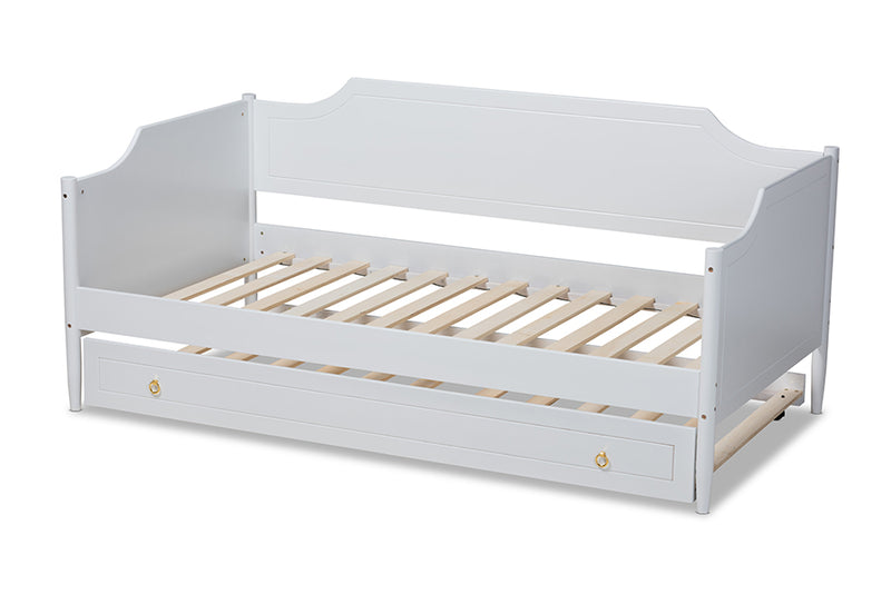 Ansa Classic Traditional Farmhouse White Finished Wood Twin Size Daybed w/Roll-Out Trundle Bed