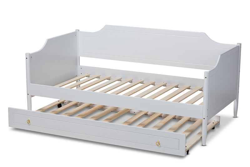 Ansa Classic Traditional Farmhouse White Finished Wood Twin Size Daybed w/Roll-Out Trundle Bed