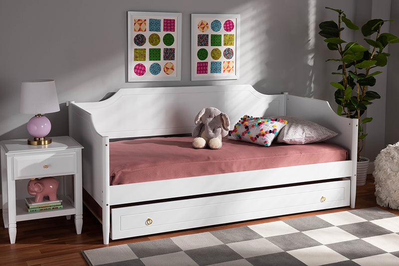 Ansa Classic Traditional Farmhouse White Finished Wood Twin Size Daybed w/Roll-Out Trundle Bed