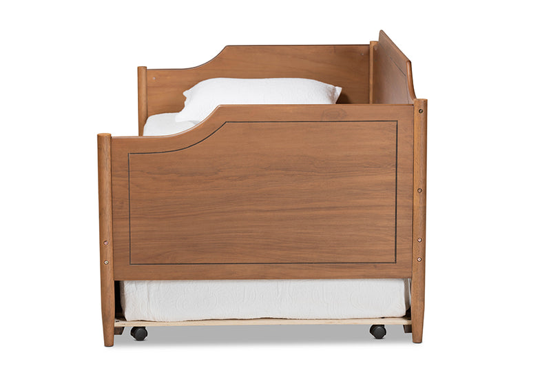 Ansa Classic Traditional Farmhouse Walnut Brown Finished Wood Twin Size Daybed w/Roll-Out Trundle Bed