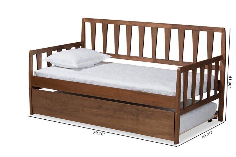 Telma Modern and Contemporary Walnut Brown Finished Wood Twin Size Daybed w/Roll-Out Trundle Bed