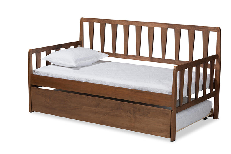 Telma Modern and Contemporary Walnut Brown Finished Wood Twin Size Daybed w/Roll-Out Trundle Bed