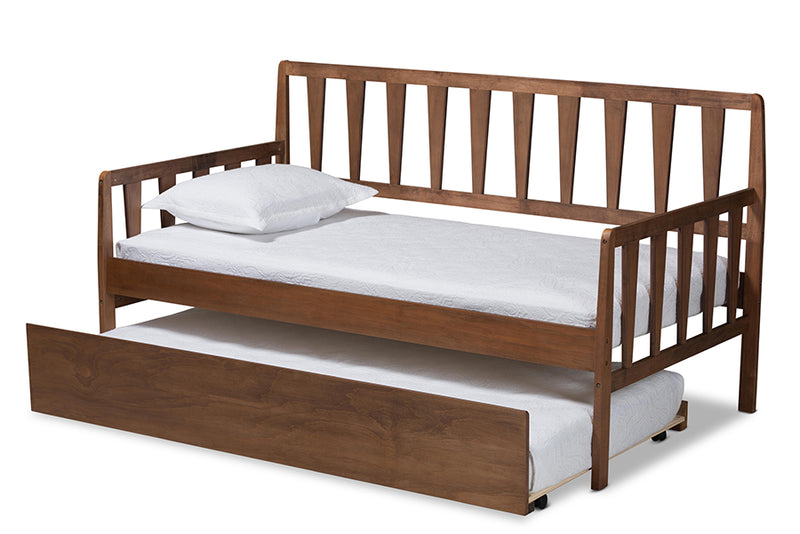 Telma Modern and Contemporary Walnut Brown Finished Wood Twin Size Daybed w/Roll-Out Trundle Bed