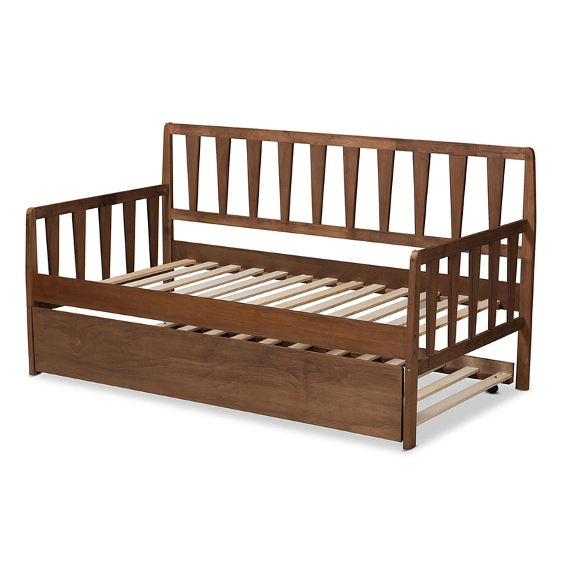 Telma Modern and Contemporary Walnut Brown Finished Wood Twin Size Daybed w/Roll-Out Trundle Bed