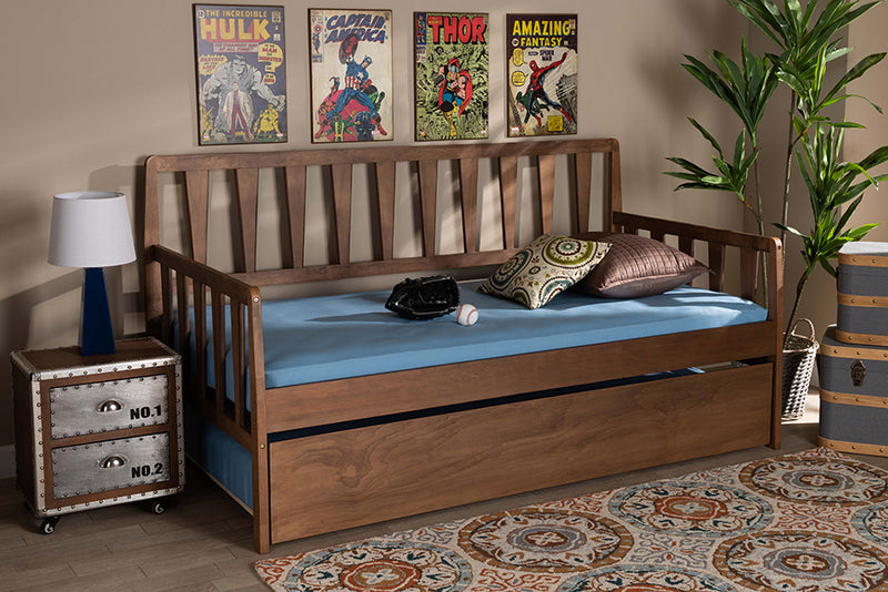 Telma Modern and Contemporary Walnut Brown Finished Wood Twin Size Daybed w/Roll-Out Trundle Bed