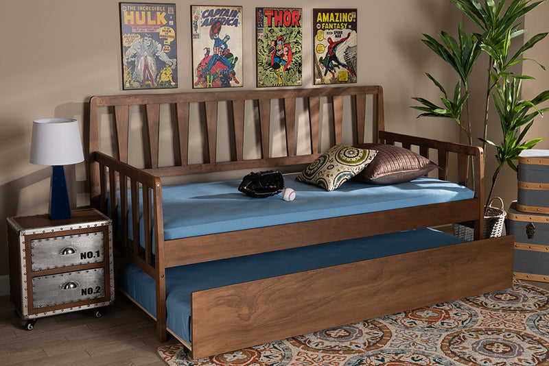 Telma Modern and Contemporary Walnut Brown Finished Wood Twin Size Daybed w/Roll-Out Trundle Bed