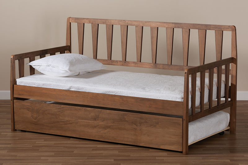 Telma Modern and Contemporary Walnut Brown Finished Wood Twin Size Daybed w/Roll-Out Trundle Bed