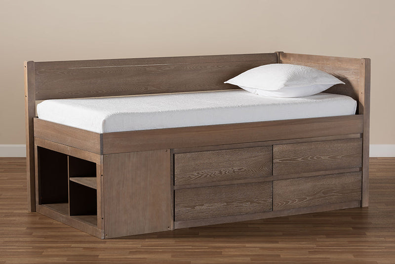 Heino Antique Oak 4-Drawer Twin Size Storage Bed Baxton