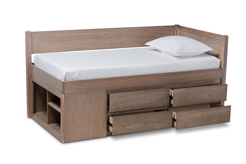 Heino Antique Oak 4-Drawer Twin Size Storage Bed Baxton