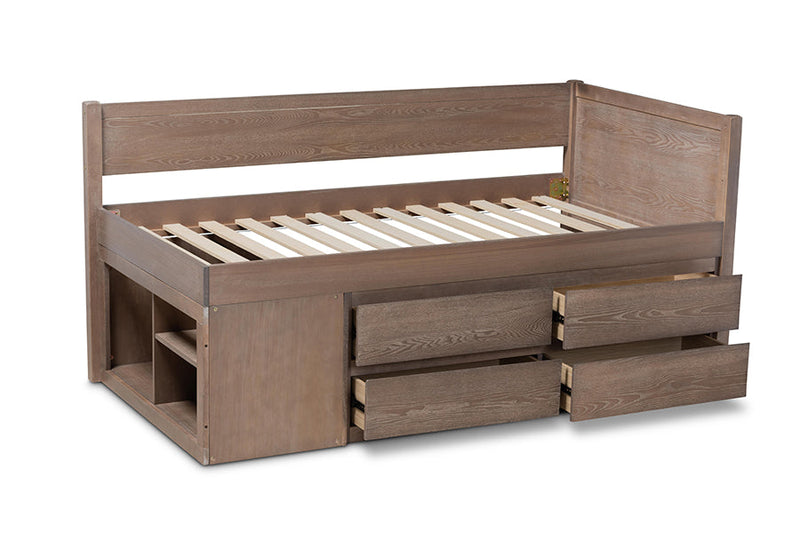 Heino Antique Oak 4-Drawer Twin Size Storage Bed Baxton