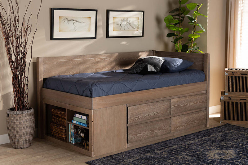 Heino Antique Oak 4-Drawer Twin Size Storage Bed Baxton