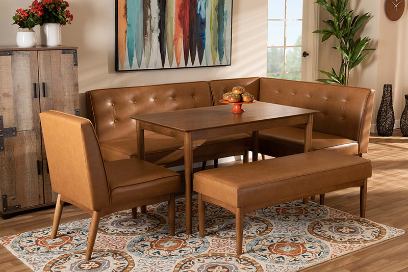 Mabel Mid-Century Modern Tan Faux Leather Upholstered and Walnut Brown Finished Wood 5-Piece Dining Nook Set