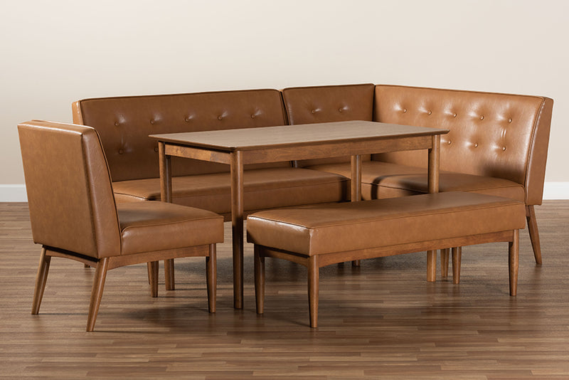 Mabel Mid-Century Modern Tan Faux Leather Upholstered and Walnut Brown Finished Wood 5-Piece Dining Nook Set