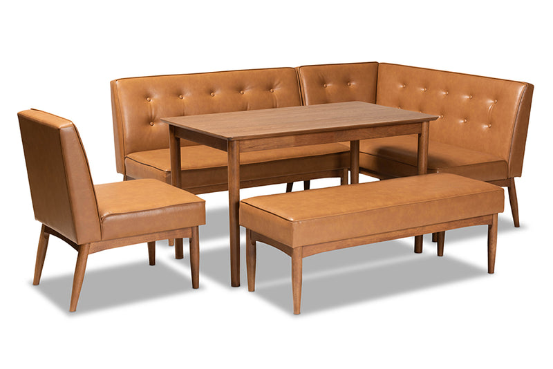 Mabel Mid-Century Modern Tan Faux Leather Upholstered and Walnut Brown Finished Wood 5-Piece Dining Nook Set