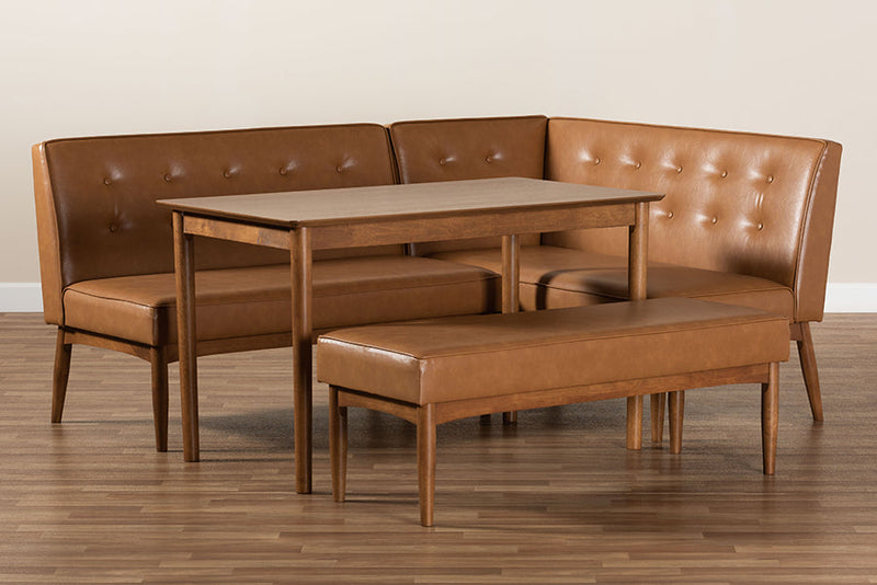 Mabel Tan Faux Leather Upholstered and Walnut Brown 4Pc Dining Nook Set Baxton