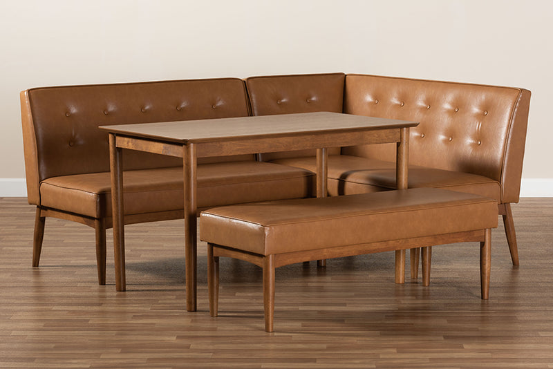 Mabel Mid-Century Modern Tan Faux Leather Upholstered and Walnut Brown Finished Wood 4-Piece Dining Nook Set