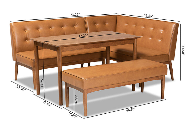 Mabel Tan Faux Leather Upholstered and Walnut Brown 4Pc Dining Nook Set Baxton