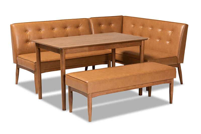 Mabel Mid-Century Modern Tan Faux Leather Upholstered and Walnut Brown Finished Wood 4-Piece Dining Nook Set