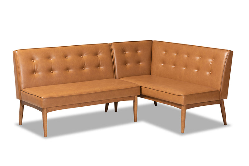 Mabel Mid-Century Modern Tan Faux Leather Upholstered and Walnut Brown Finished 2-Piece Wood Dining Nook Banquette Set