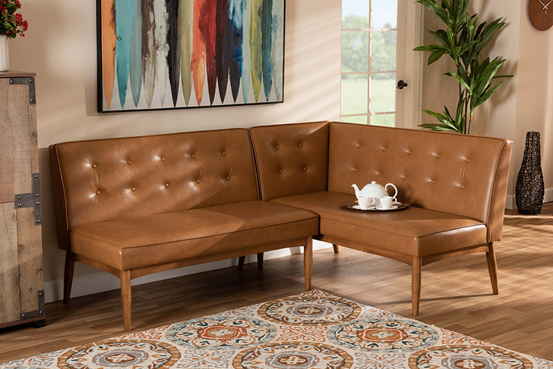 Mabel Mid-Century Modern Tan Faux Leather Upholstered and Walnut Brown Finished 2-Piece Wood Dining Nook Banquette Set