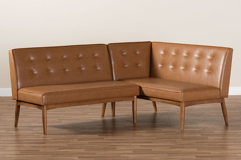 Mabel Mid-Century Modern Tan Faux Leather Upholstered and Walnut Brown Finished 2-Piece Wood Dining Nook Banquette Set