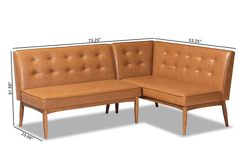 Mabel Mid-Century Modern Tan Faux Leather Upholstered and Walnut Brown Finished 2-Piece Wood Dining Nook Banquette Set