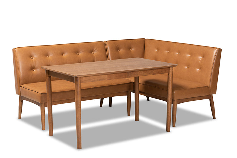 Mabel Mid-Century Modern Tan Faux Leather Upholstered and Walnut Brown Finished Wood 3-Piece Dining Nook Set