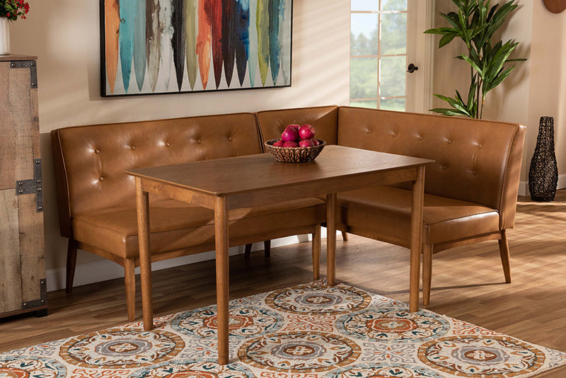 Mabel Tan Faux Leather Upholstered and Walnut Brown 3-Piece Dining Nook Set Baxton