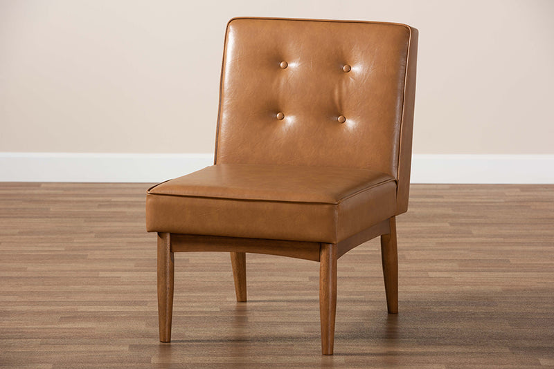 Mabel Mid-Century Modern Tan Faux Leather Upholstered and Walnut Brown Finished Wood Dining Chair