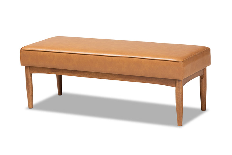 Mabel Mid-Century Modern Tan Faux Leather Upholstered and Walnut Brown Finished Wood Dining Bench