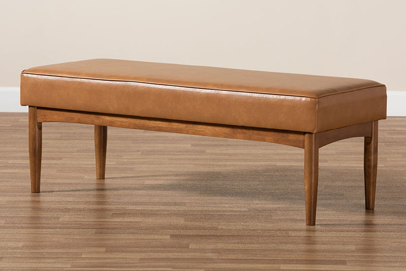 Mabel Mid-Century Modern Tan Faux Leather Upholstered and Walnut Brown Finished Wood Dining Bench