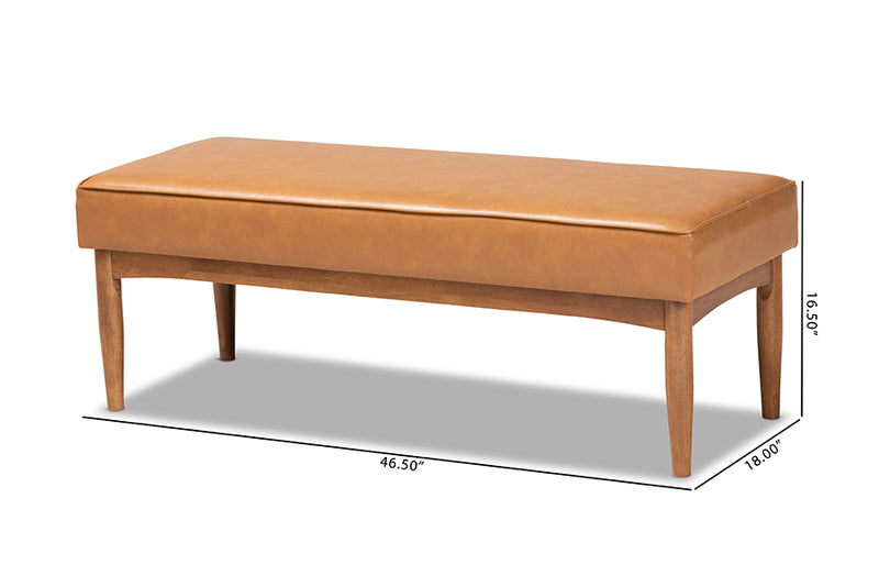 Mabel Mid-Century Modern Tan Faux Leather Upholstered and Walnut Brown Finished Wood Dining Bench