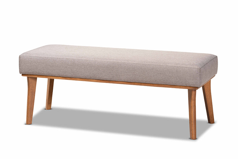 Adelie Mid-Century Modern Gray Fabric Upholstered and Walnut Brown Finished Wood Dining Bench