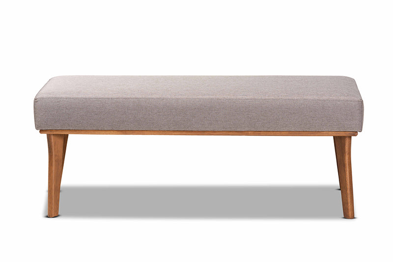 Adelie Mid-Century Modern Gray Fabric Upholstered and Walnut Brown Finished Wood Dining Bench